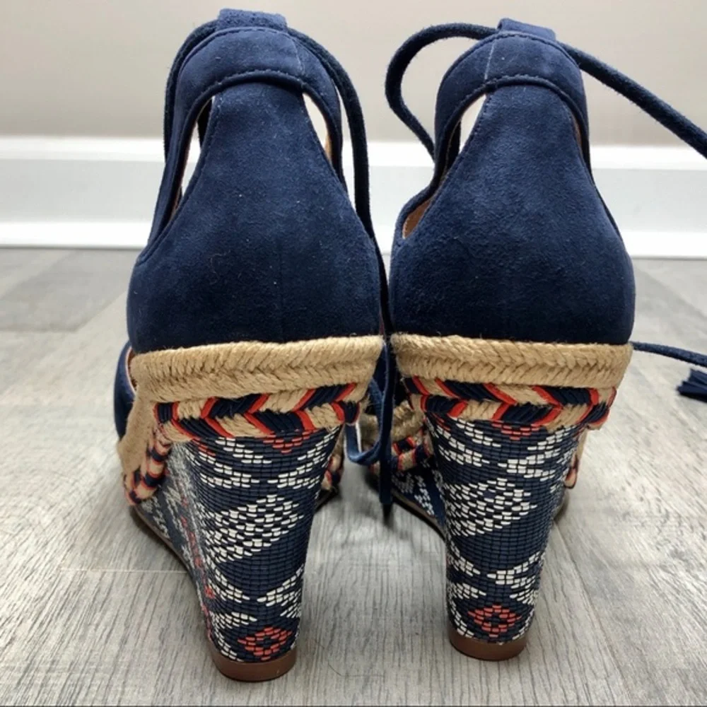 Cabi Isla leather espadrille ankle‎ tie wedge size 6 navy embroidered